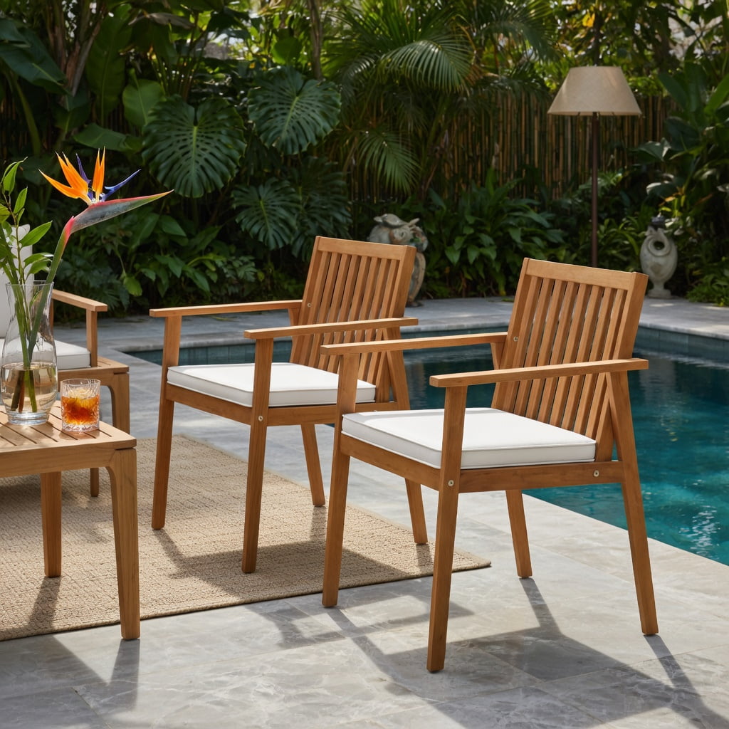 Hommoo 2-Pack Outdoor Dining Chairs, Acacia Wood Patio Chairs with Removable Zippered Cushions, Ideal for Backyard, Porch & Deck, White