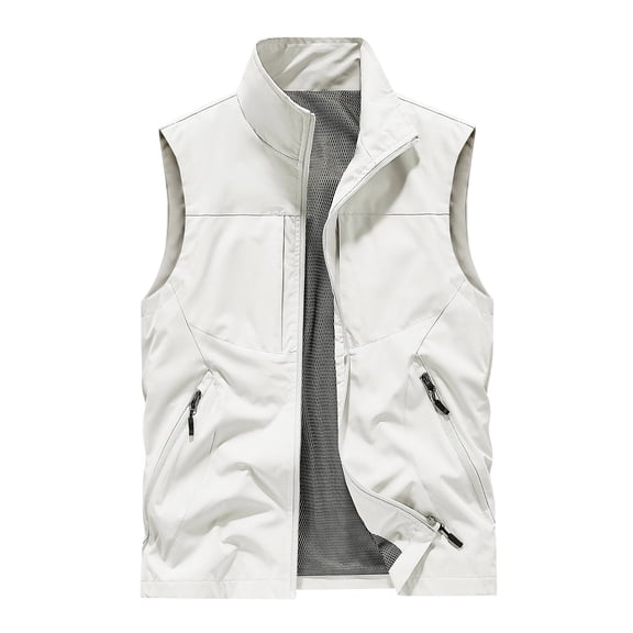 YLSDY Men's Multi-Pocket Utility Vest, Lightweight Outdoor Fishing Hiking Vest with Zipper Closure and Stand Collar White XXXL