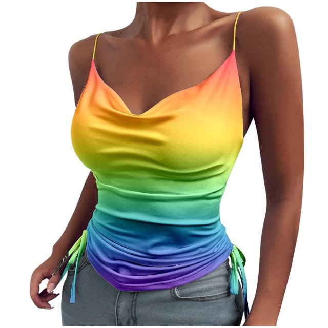 Pompotops Débardeur Imprimé Mode pour Femmes Blouse Sans Manches Bretelles Tops