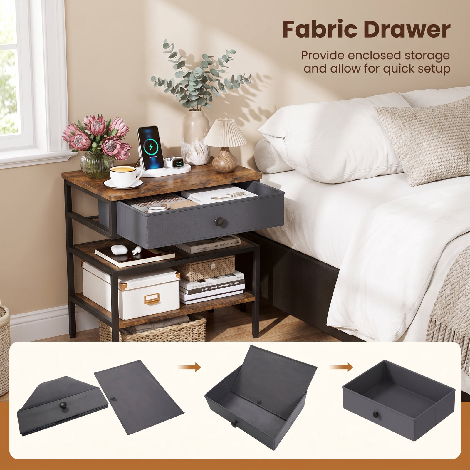 Furnibear Nightstand with Charging Station 28 Inch Tall Bedside Table with Fabric Drawer for Bedroom Living Room Bedside Sofa Side, Rustic Brown