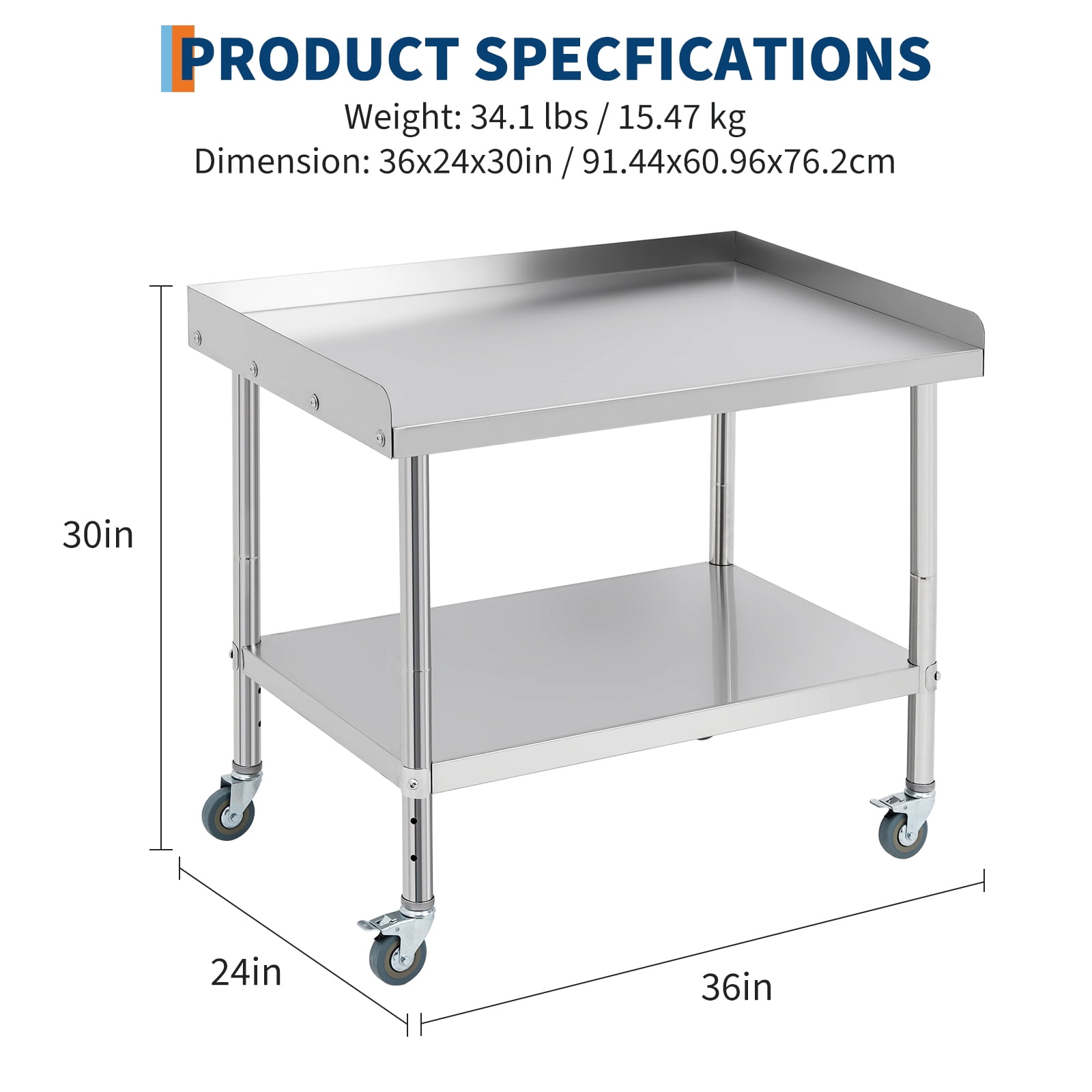 Ataujin Heavy-Duty Stainless Steel Table on Wheels with Removable backsplash. Commercial Food Prep Worktable, A Versatile NSF Commercial-Grade cart for Food Service, Restaurant & Bar