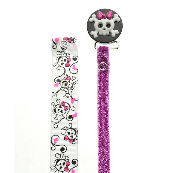Pink Glitter Skull Pacifier Clip & Ribbon Set