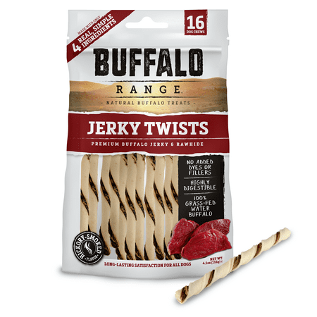 Buffalo Range Rawhide Dog Treats | Healthy, Grass-Fed Buffalo Jerky Raw Hide Chews | Hickory Smoked Flavor | Jerky Twist, 16