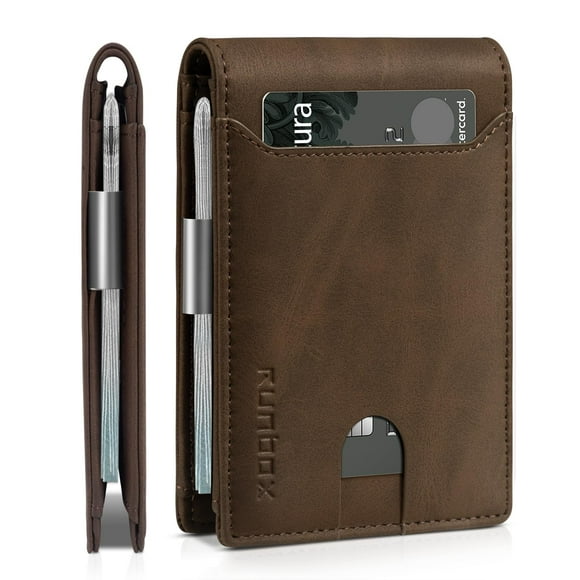 Billetera RUNBOX, delgada, de piel, para billetes, con bloqueo RFID, para hombre