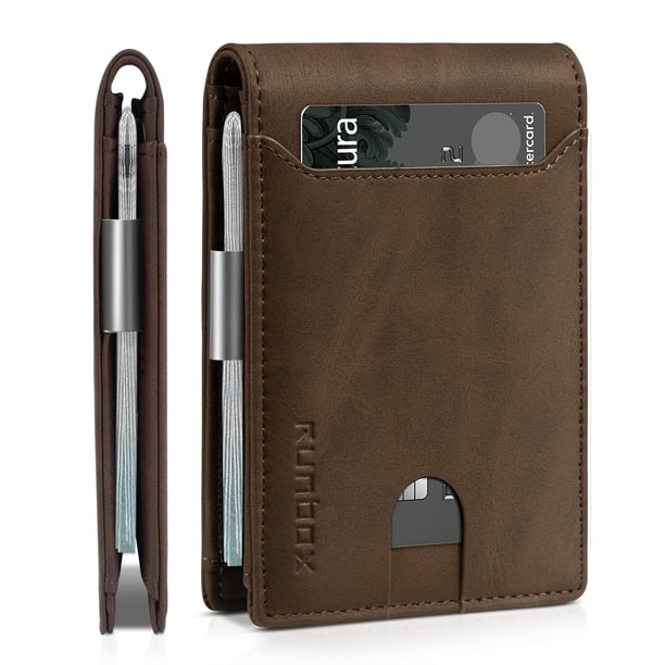 Billetera RUNBOX, delgada, de piel, para billetes, con bloqueo RFID, para hombre