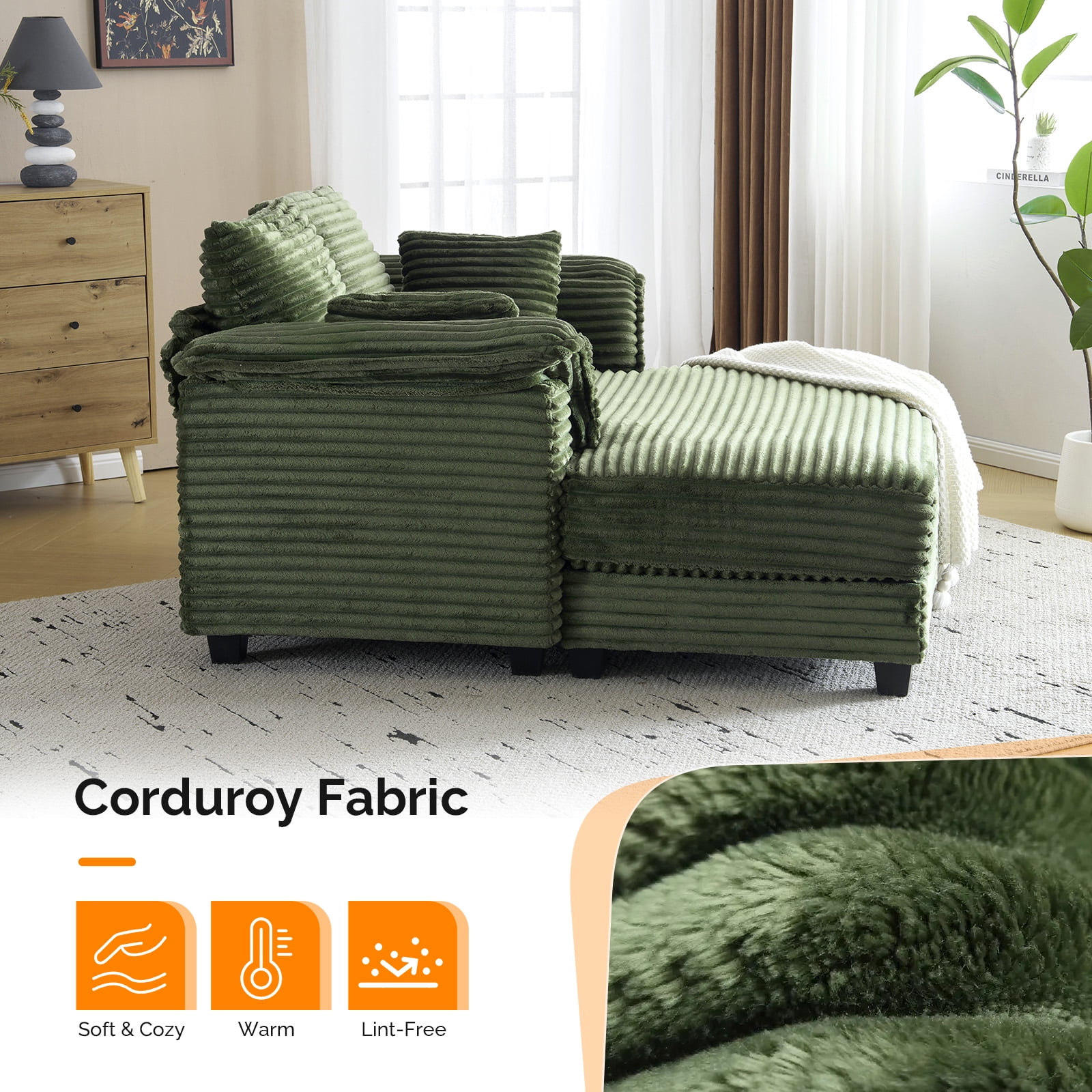 Ktaxon Corduroy Sofa Bed, Upholstered Comfy Sleeper with Pillow Arms, Lounge Chair with Lumbar Support Pillows, Ideal for Small Spaces Olive Green