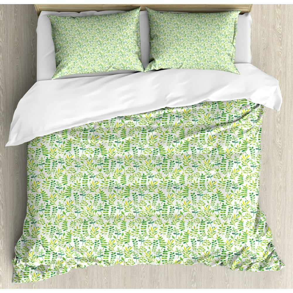 Green and White Duvet Cover Set King Size, Watercolor Style Leaves