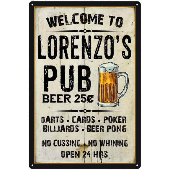 LORENZO'S Pub Sign Vintage Man Cave Bar 8 x 12 High Gloss Metal 208120028342