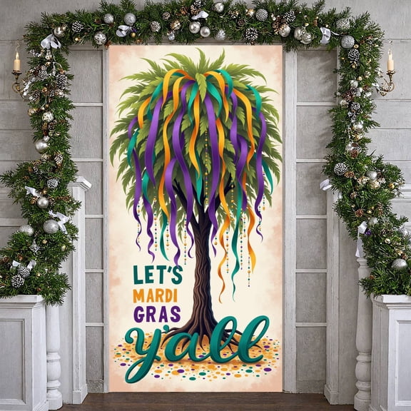 Colorful Ribbons Mardi Gras Banner Purple Orange Green Carnival Display Beaded Decorations Leaf Design Festive Backdrop for Mardi Gras Party Carnival Celebration Festive Parade