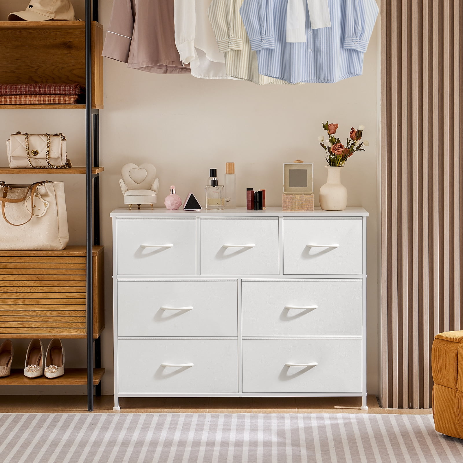 MCQ 7-Drawer Fabric Dresser with Metal Frame & Wood Top – Storage Organizer for Bedroom, Closet, Entryway, White