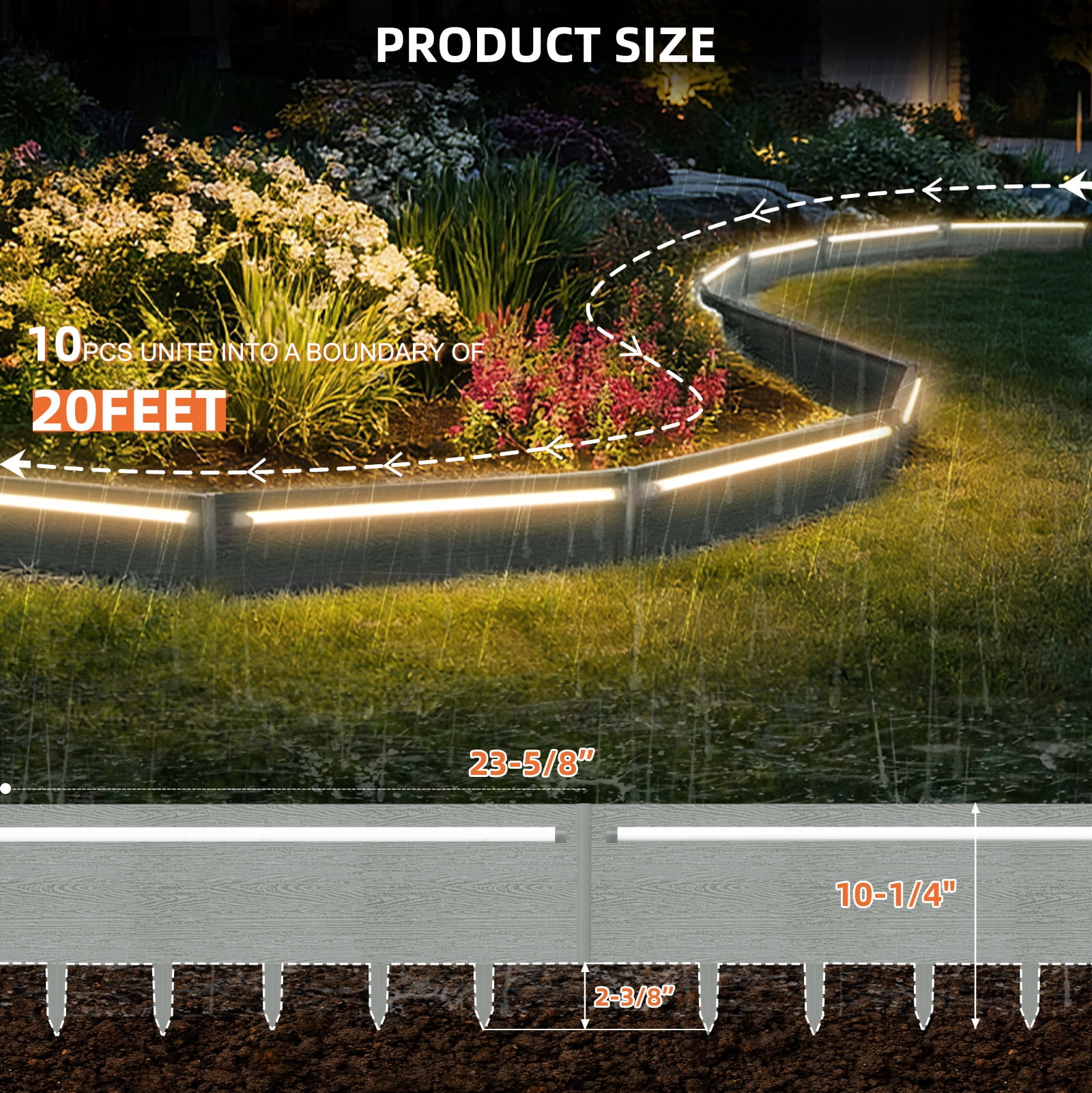 WATANIYA Dig-Free Garden Landscape Edging Border withh LED light,10 pack (Gray)