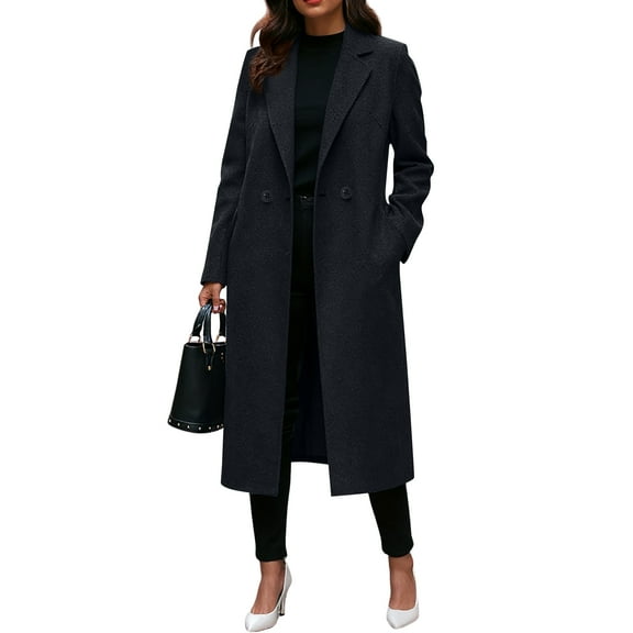 Women’s Long Sleeve Double Breasted Notched Lapel Wool Blend Overcoat with Classic Tailored Fit for Office and Casual Wear Black L