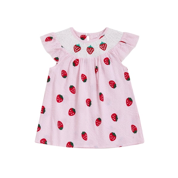 BemeyourBBs Baby Girl Smocked Dress Sleeveless Round Neck Strawberry Print Dress