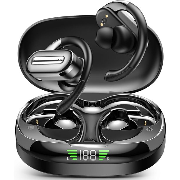 Bluetooth Headphones Wireless Earbuds 56hrs Playtime Wireless Charging Case Digital Display Sports Ear buds with Earhook Premium Deep Bass IPX5 Waterproof Over-Ear Earphones for TV Phone Laptop Black