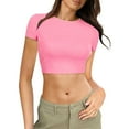 thumbnail image 1 of Hiiyo Crop Top Femme Manches Courtes Col Rond T-Shirt Ajusté Été, Rose TTG, 1 of 3