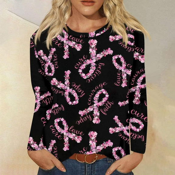 Lroveb Breast Cancer Awareness Shirts for Women T Reast Support Shirt Pink Ribbon Graphic Tees Black