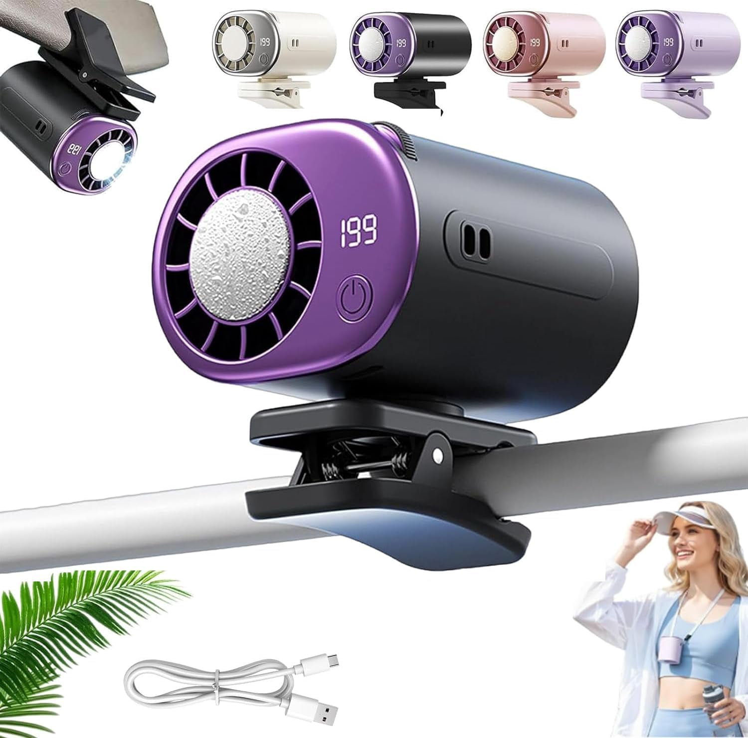 2026 Car Clip On Air Conditioner Fan With LED Display - 360° Rotation Adjustable 199 Speeds,Portable USB Rechargeable Personal Cooling Mini Fans for Office, Bike, Beach