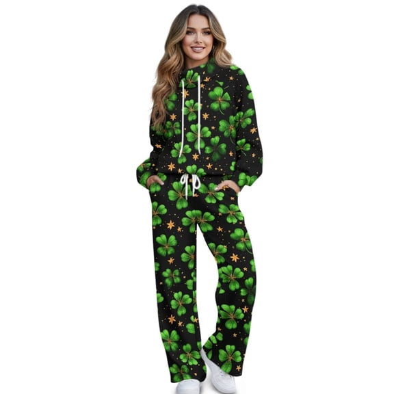 Renewold St. Patrick's Day 2 Piece Women Lounge Sets Petite Track Suit Activewear Sweatshirts Elastic Waisted Lounge Pants Tracksuits for Women Set, Green Four-leaf Clover Star Print, XS