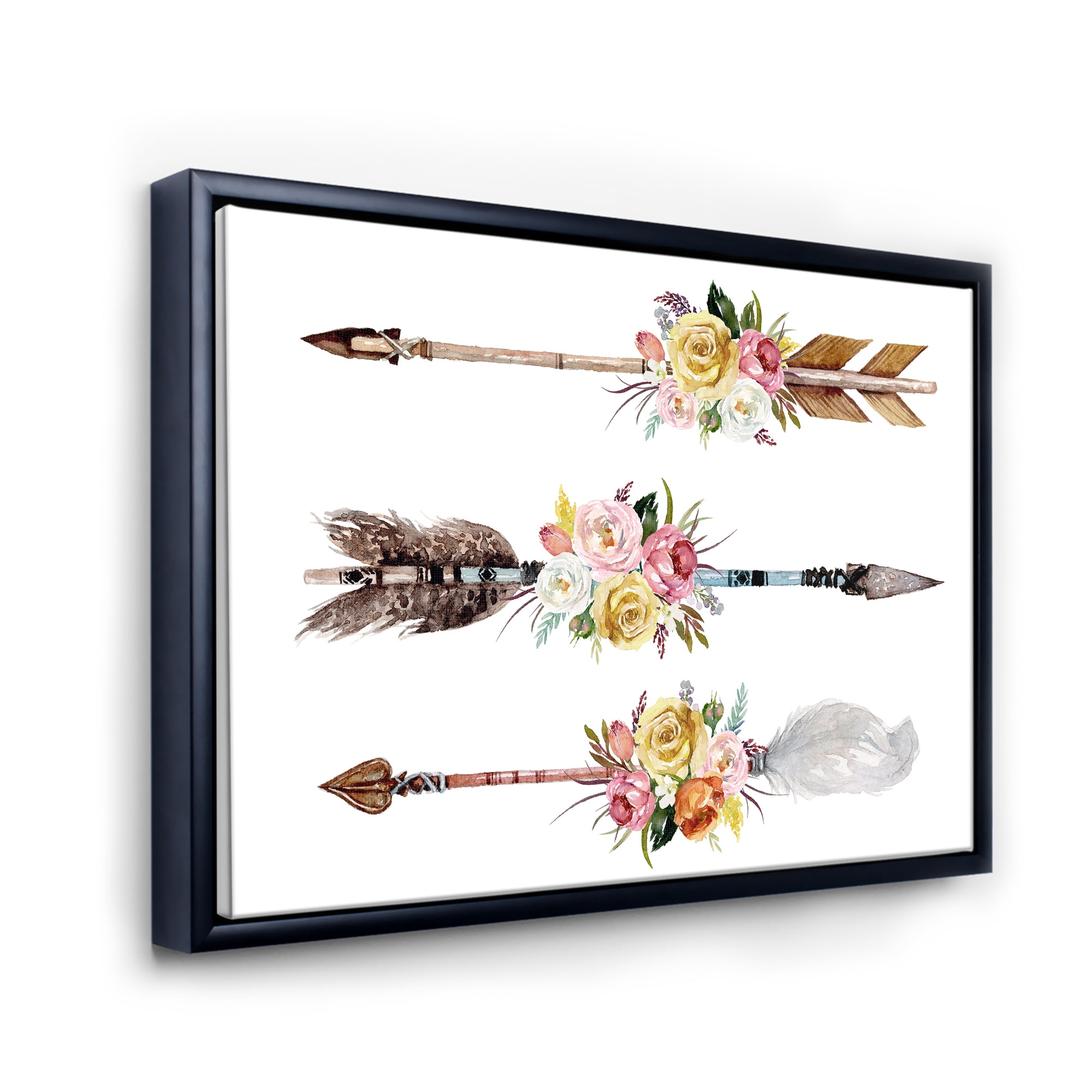 Designart 'Flowers and Ethnic Feathers On Native Arrows II' Bohemian & Eclectic Framed Canvas Wall Art Print