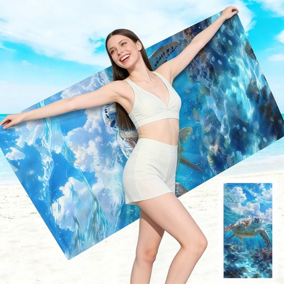 LACKUST Microfiber Beach Towel, Quick Dry Absorbent Large Oversized Beach Towel with Sea Turtle Print for Travel Swimming, 66x30 Inch