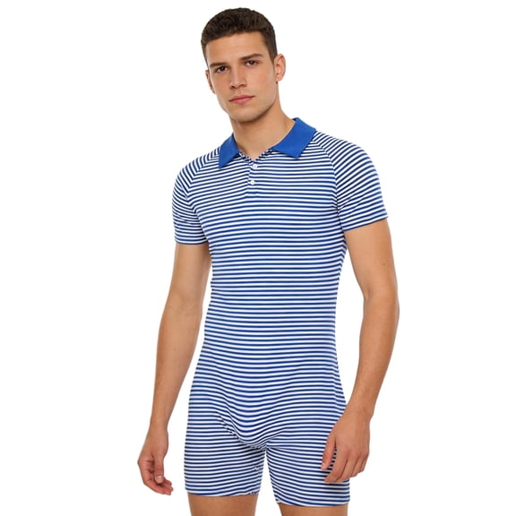 iixpin Slim Fit Striped Romper Sleepwear Short Sleeve Button Crotch Comfortable Leisure Wear for Men Blue XL