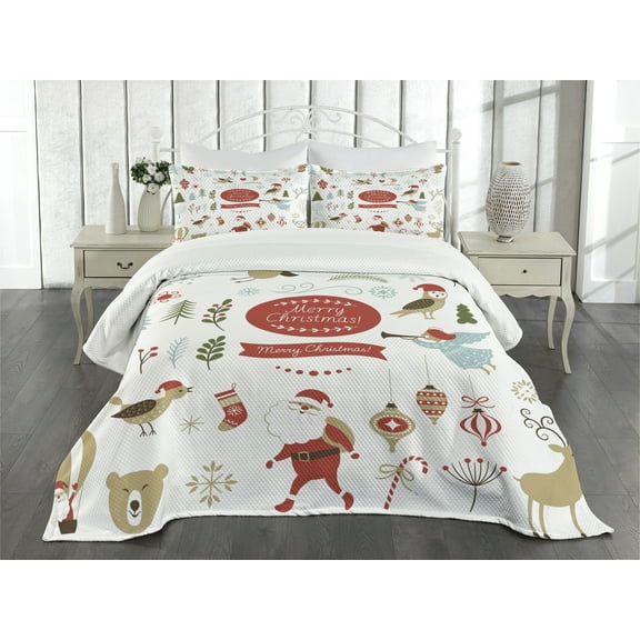 Christmas Bedspread, Christmas Graphic Elements Delicate Gentle Ornate, Decorative Quilted 3 Piece Coverlet Set with 2 Pillow Shams, Queen Size, Coral White, by Ambesonne