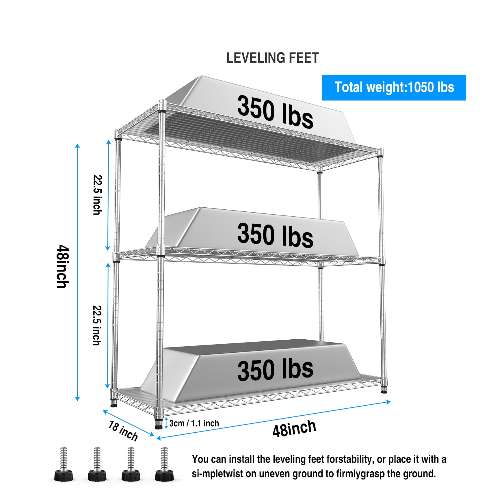 Miniyam 3 Tier Wire Shelving Unit, 1050 LBS NSF Adjustable Metal Garage Storage Shelves, Heavy Duty Storage Wire Rack, Chrome
