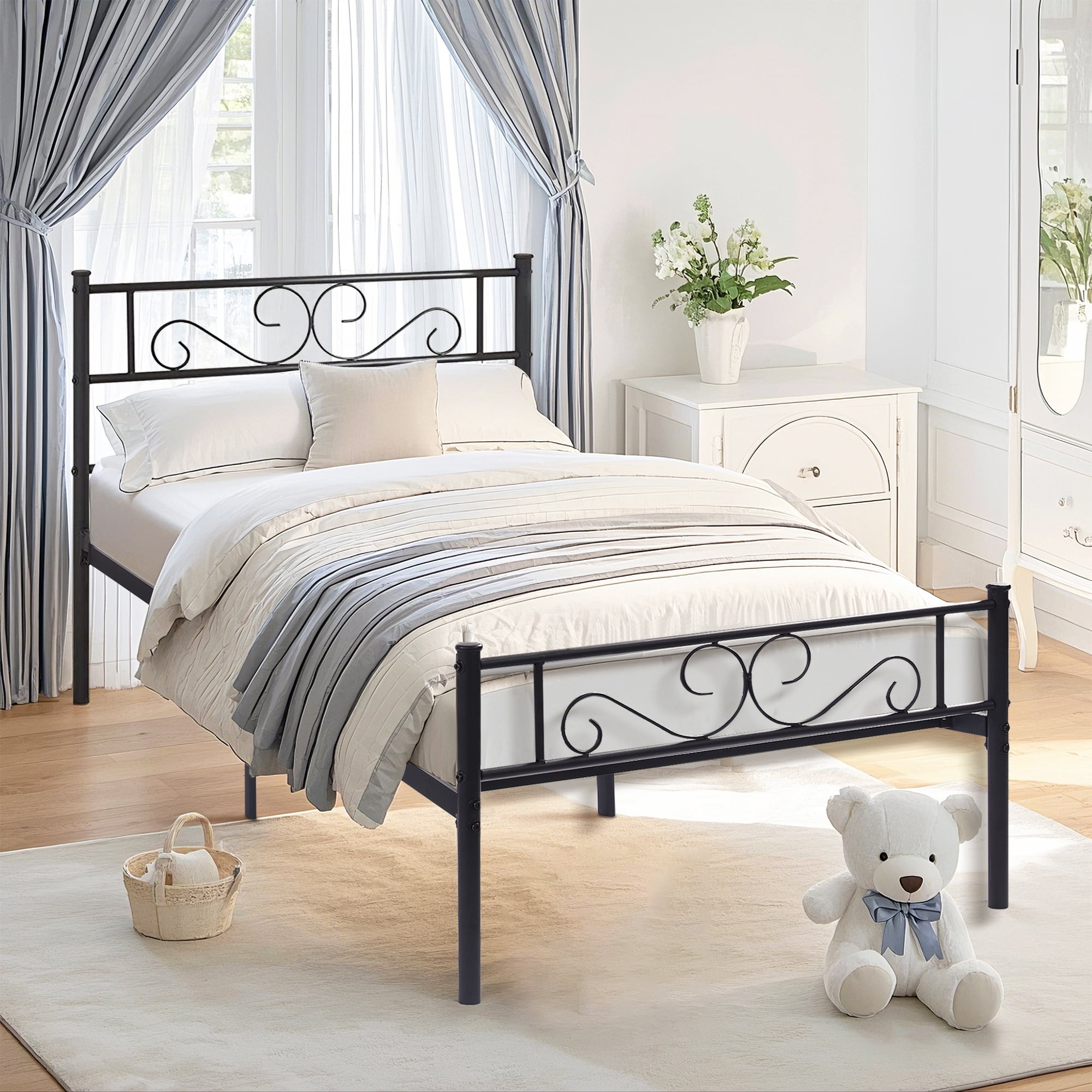 VECELO Twin Metal Platform Bed Frame, Mattress Foundation with Headboard & Footboard, Black