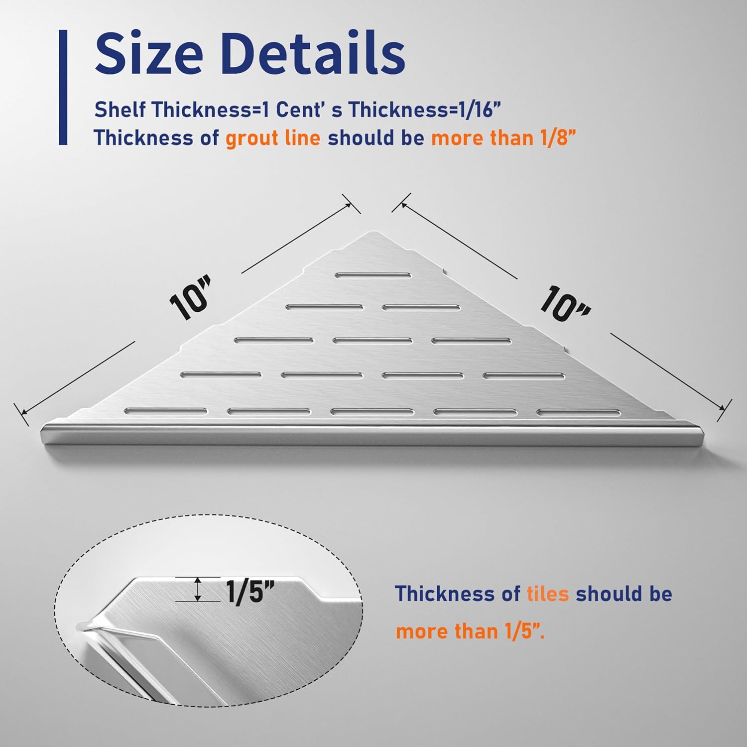 Bernkot Corner Shower Shelf 10" Brushed 304 Stainless Steel Slot Design Recessed Grouted Shelf Bathroom Shelf Rack for Tiled Wall