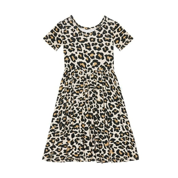 Vestido elegante de lana de cacahuete con estampado de leopardo, manga corta, 5-6 años