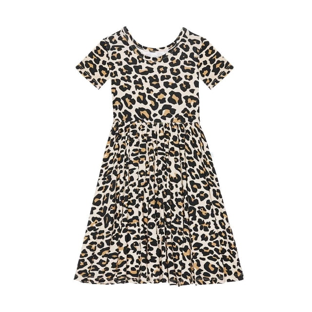 Vestido elegante de lana de cacahuete con estampado de leopardo, manga corta, 5-6 años