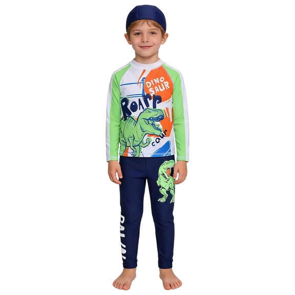 JAJAHO Boys Long Sleeve Swim Shirt And Pants Set Rash Guard 3 Piece Swimsuits With Swim Cap Cute Cartoon Dinosaur Print Summer Cute Swimwear