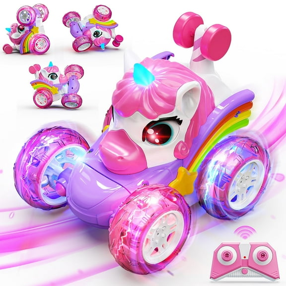 Flooyes Remote Control Cars, RC Stunt Cars Toy for Kids Age 3 4 5 6, Unicorn Car with LED Light, 360° Flip, Birthday Gift Toys for Girls Boys Toddlers
