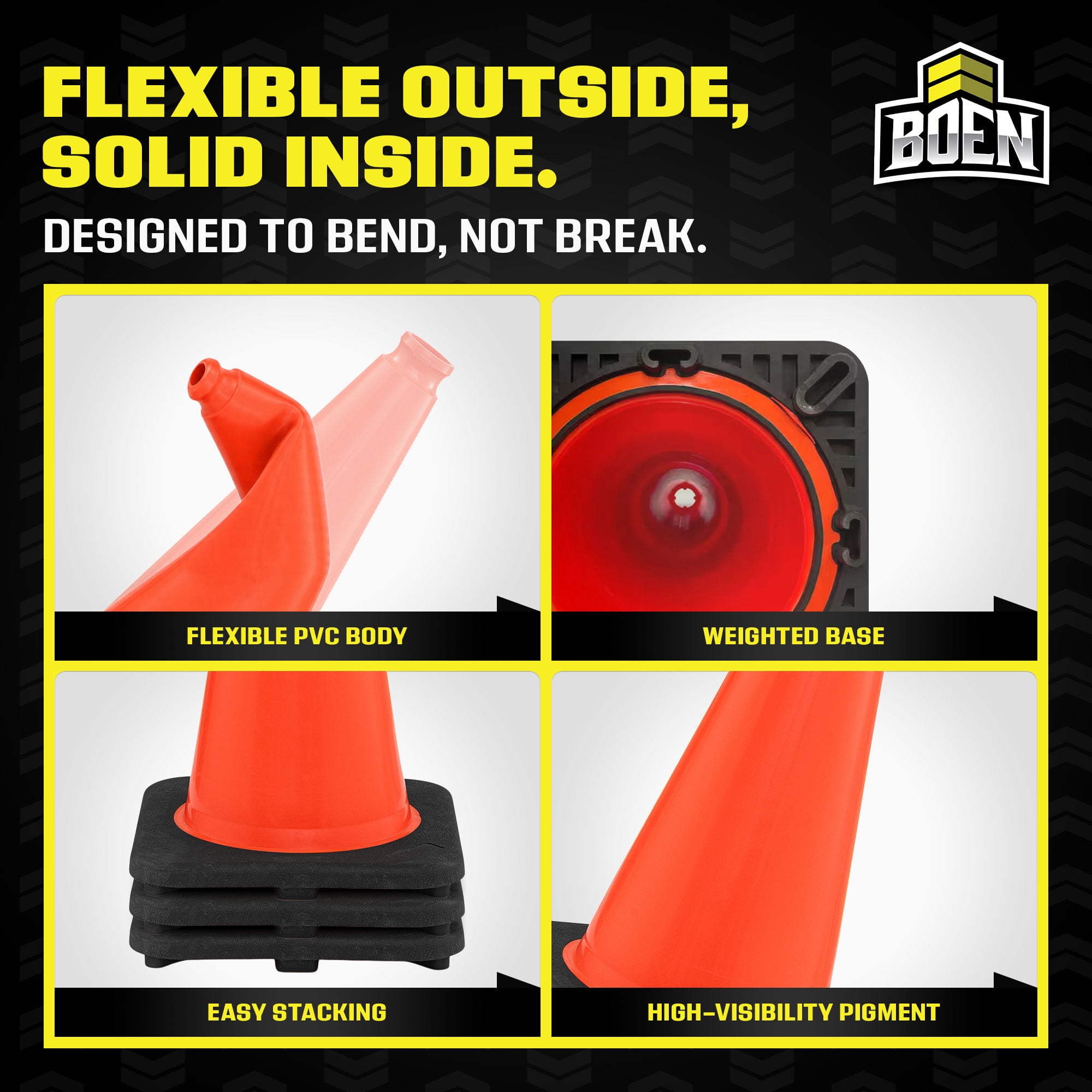 BOEN 18 in Orange Non-Reflective Traffic Cones for Parking Safety, 12 Pack
