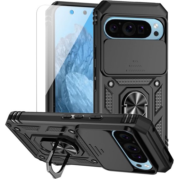 HCTian for Google Pixel 9 / Pixel 9 Pro Case with Camera Lens Cover HD Screen Protector, Dual Layer Military-Grade Drop Tested Magnetic Ring Holder Kickstand Protective Phone Case for Pixel 9/9 Pro
