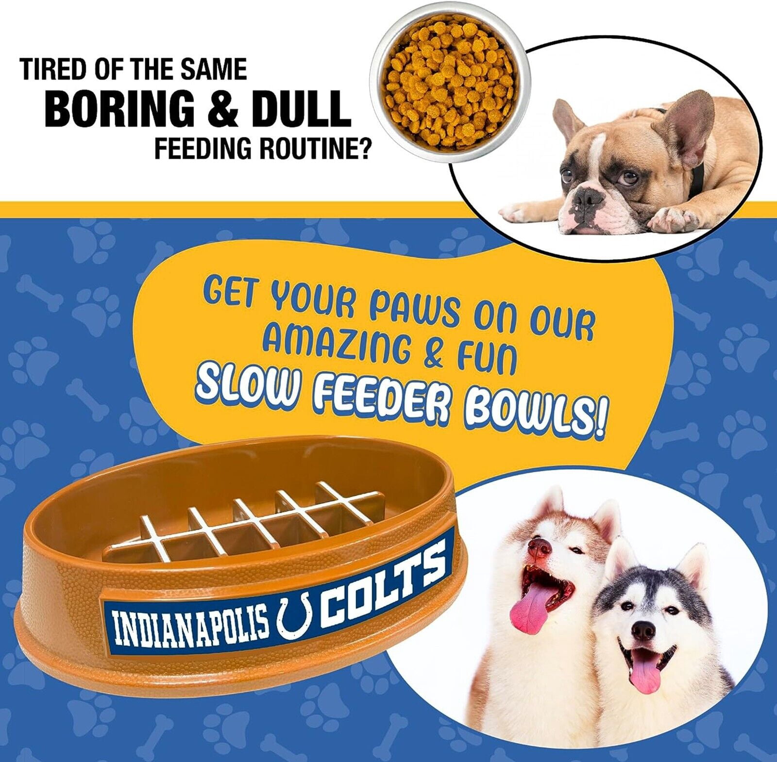 Pets First NFL Indianapolis Colts Super-Bowl Slow Feeder Bowl for Dogs and Cats, Football Design for Healthy Digestion, Non-Slip, for Large & Small Pet