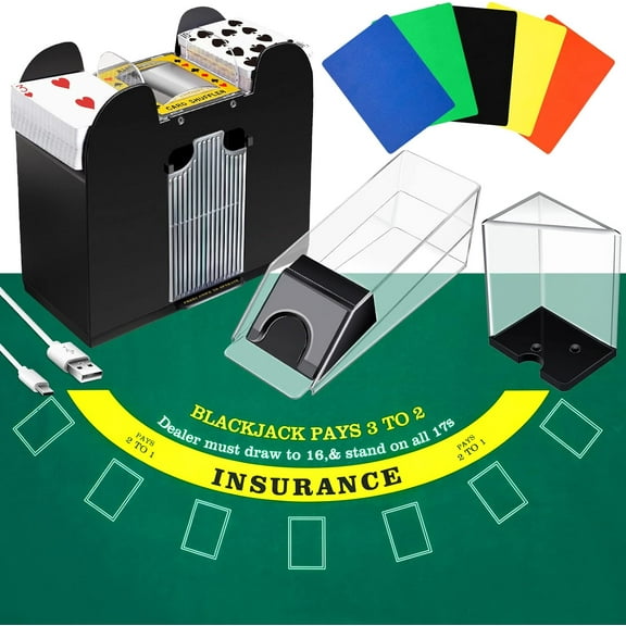 Blackjack Game Combo Set, Include Blackjack Layout Felt,Shoe 6 Deck Automatic Card Shuffler Discard Holder Trays and 10 Cut Cards for Casino, Party Night(Green)