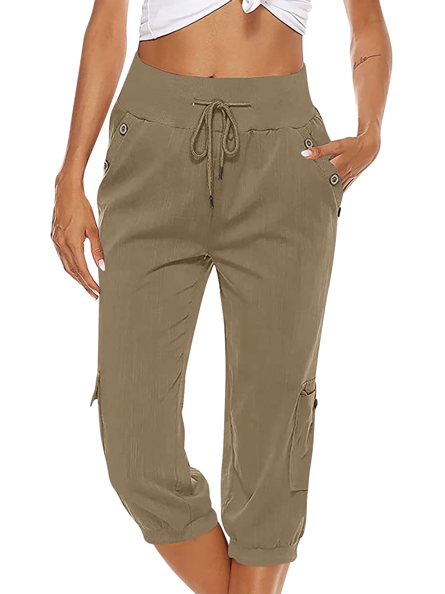 Glonme Ladies Palazzo Pant Drawstring Bottoms Solid Color Cargo Cropped  Pants Summer Boho Trousers Loose Fit High Waist Camel L 