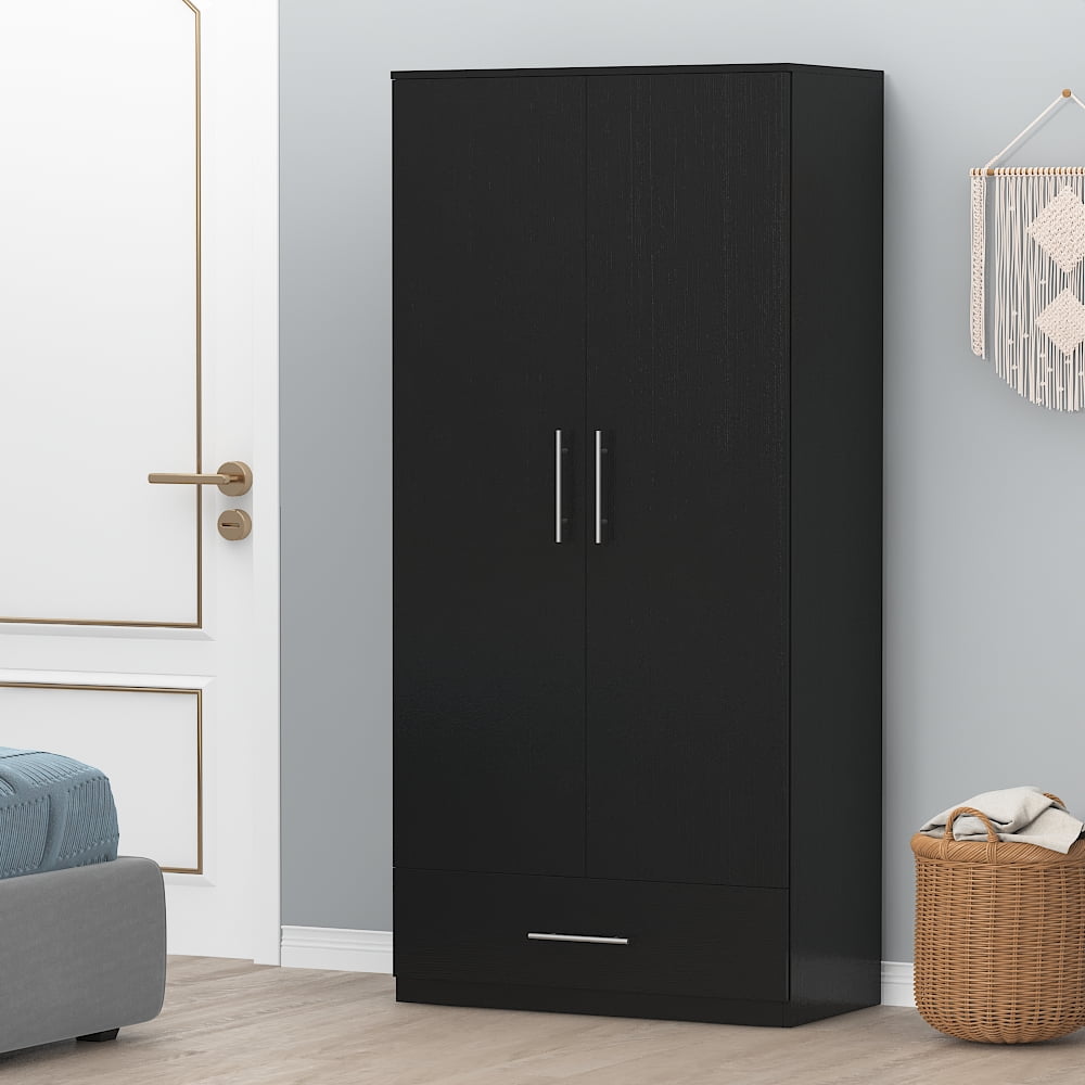 Kerrogee 2 Door Wooden Armoire Wardrobe Closet with Drawer Black Wardrobe 31.5