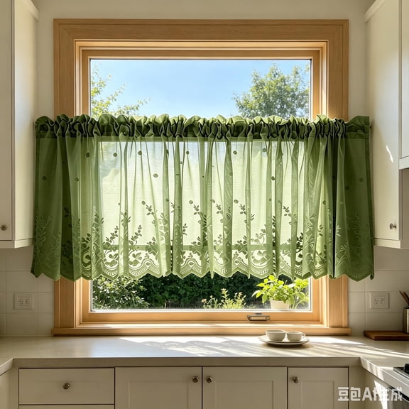 39" × 18" Embroidered Lace Sheer Kitchen Curtain Valance, Rod Pocket Floral Window Treatment for Small Windows