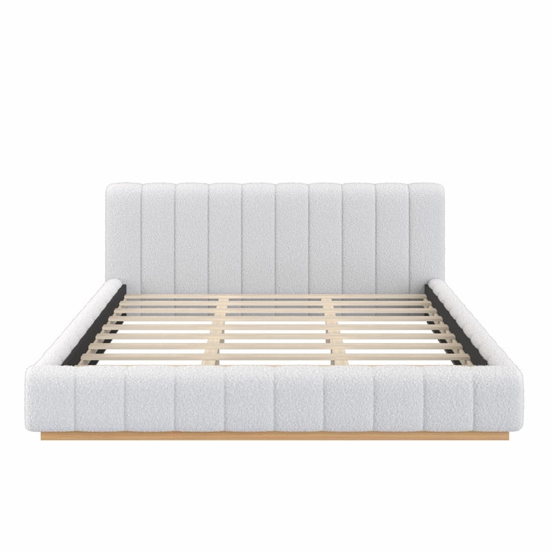 King Size Boucle Upholstered Bed Frame, Low Profile Wooden Platform Bed, No Box Spring Needed Floor Bed with Padded Headboard