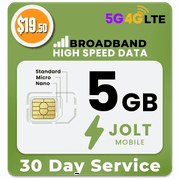 Jolt Mobile 5GB High Speed Data SIM Card  30 Days of 5G 4G LTE Data | For Cellular Security Cameras | Routers | Hotspots & IoT Devices