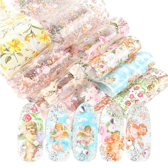 10 Sheets Nail Foil Transfer Sticker DIY Flower Nail Art Foil Angel Nail Decal