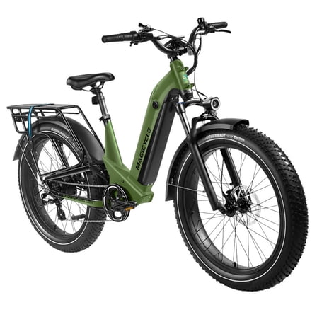 Magicycle Deer Step-thru Electric Bike, 750W Motor, 52V 20Ah Battery, 26*4.0 inch Fat Tires, 28mph Max Speed, 100 Miles Range, Hydraulic Disc Brakes, Full Suspension, Smart Color LCD Display - Green
