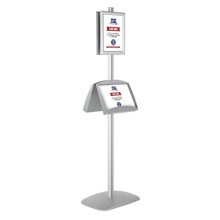 M&T Displays Free Standing Display Stand with 2 x (8.5x11) snap Frame in Portrait/Landscape and (2) 2 x (5.5x8.5) Steel Shelves, Double Sided (Silver)