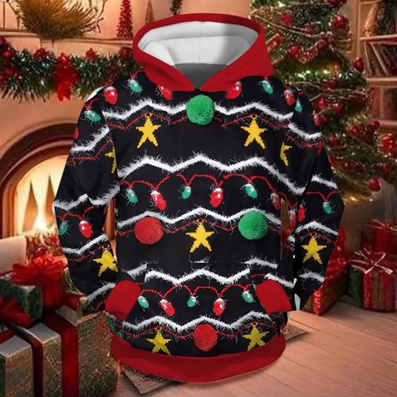Hpapadks Boys Hoodies Kids Christmas Print Hoodie Holiday Casual Pullover Top Toddler Sweatshirt Black 4-5 Years