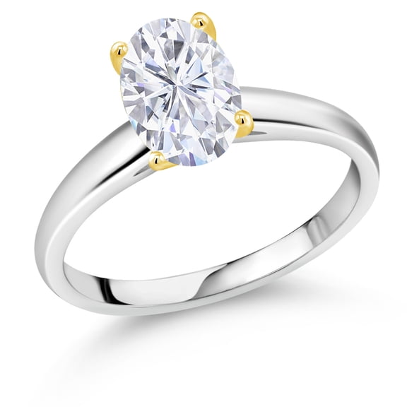 Gem Stone King 925 Silver and 10K Yellow Gold White Moissanite Solitaire Engagement Ring for Women | 2.10 Cttw | Oval 9X7MM | Gemstone Birthstone (Size 9)