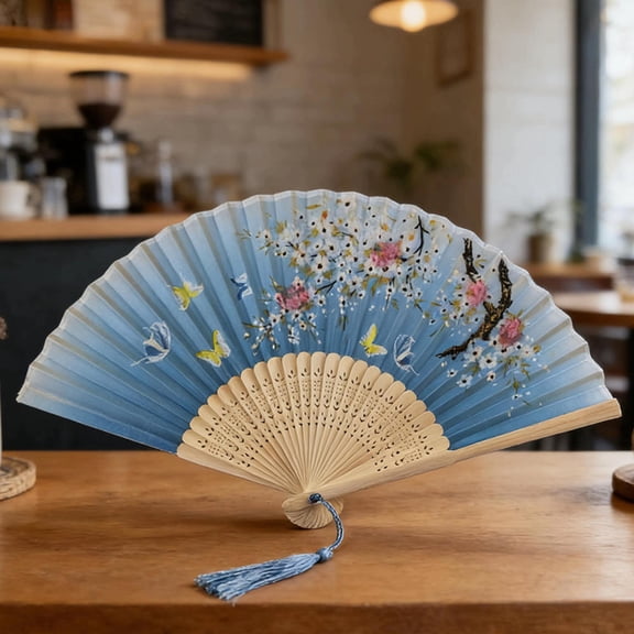 Vintage Chinese & Japanese Style Folding Fan Bamboo Silk Hand Fan for Hanfu Cheongsam, Elegant Floral Pattern Fan for Women