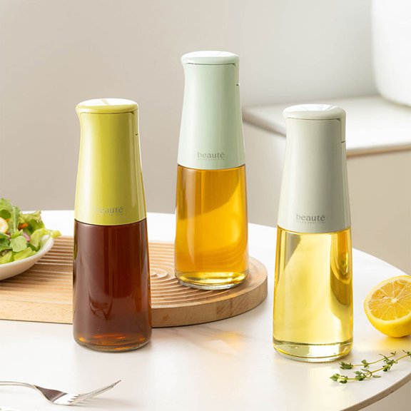 Glass Oil Dispenser Bottle 23.8oz Automatic Open/Close Spout Kitchen Condiment Container for Olive Oil Vinegar Soy Sauce Cooking Wine No-Drip Pouring Clear Glass White Yellow Green