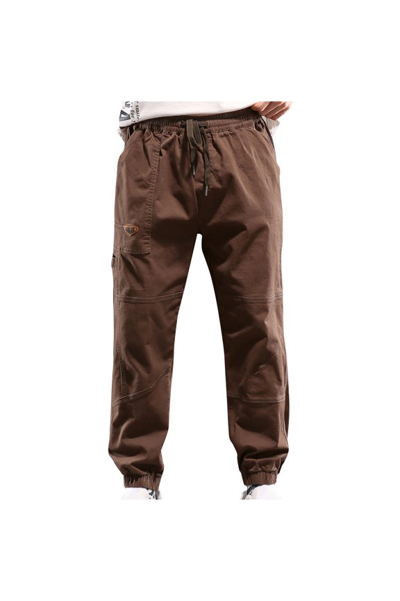 Mens Baggy Cargo Pants Outdoors Sports Pants Drawstring Casual Loose Fit Elastic Waist Cotton Twill Cargo Pants Brown 18